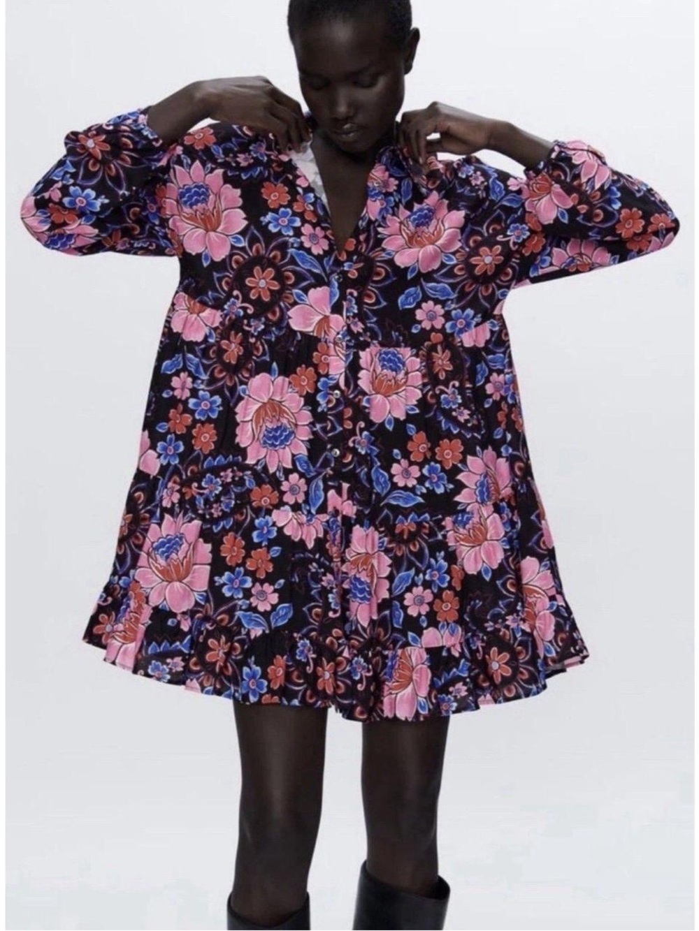Zara floral long sleeve mini dress XL new with tags